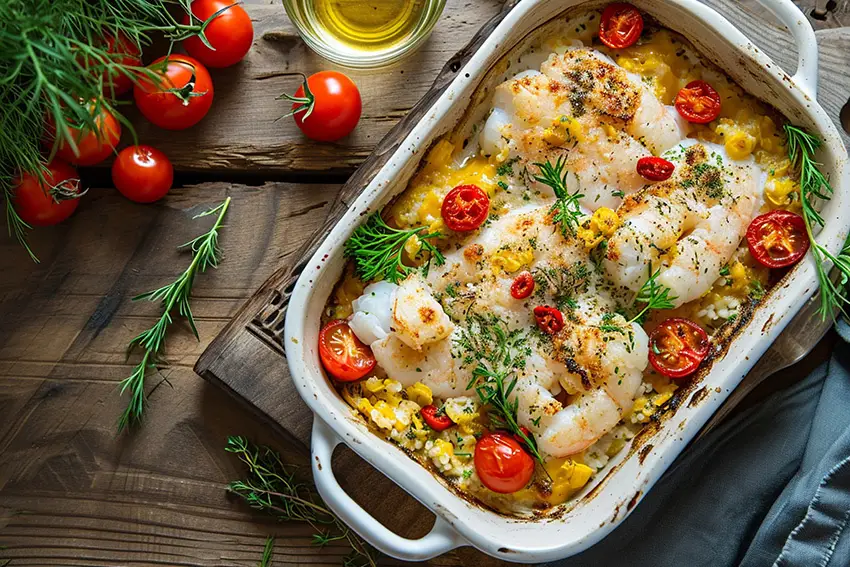 Seeteufel Filets in einer Auflaufform mit Tomaten